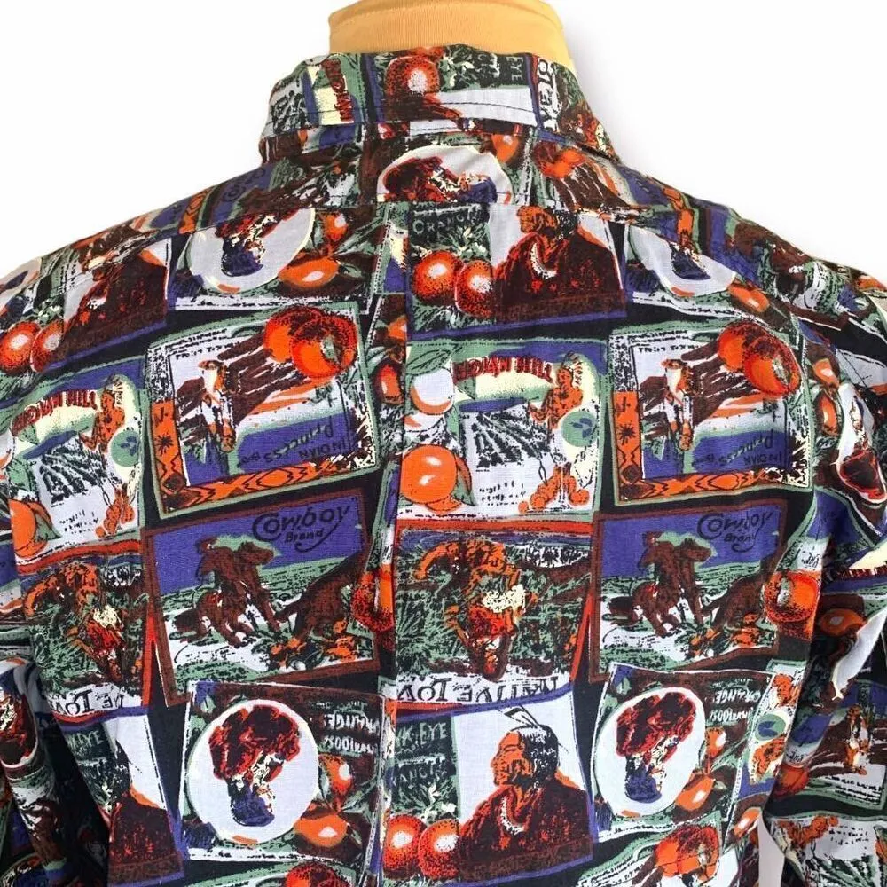 Vintage Mine & Bills Outfitters Shirt Western Button Up Retro Orange Crate Art Size L - Image 4