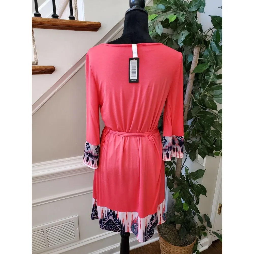 Pink Owl Women Pink Rayon Scoop Neck Long Sleeve Knee Length Dress Size Medium - Image 8