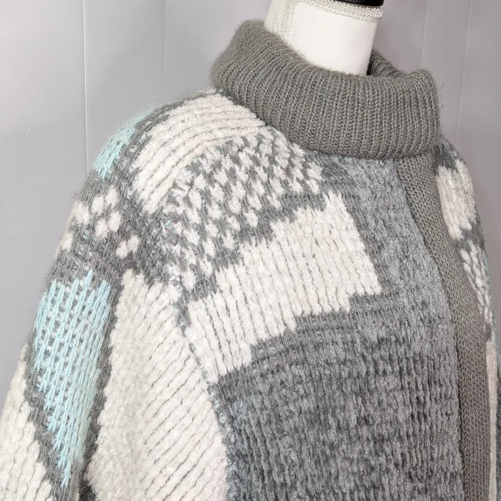 Vintage 1980s Townhouse Oversized Knit Coat | Chunky Sweater Chenille Geometric Blue Size M - Image 9