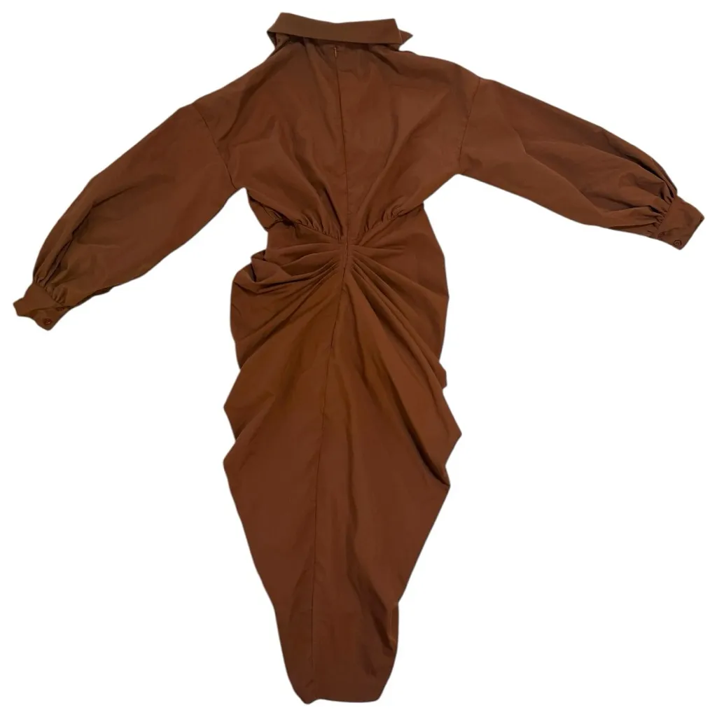 Balloon Sleeve Gathered Skirt Midi Shirt Dress - Image 2