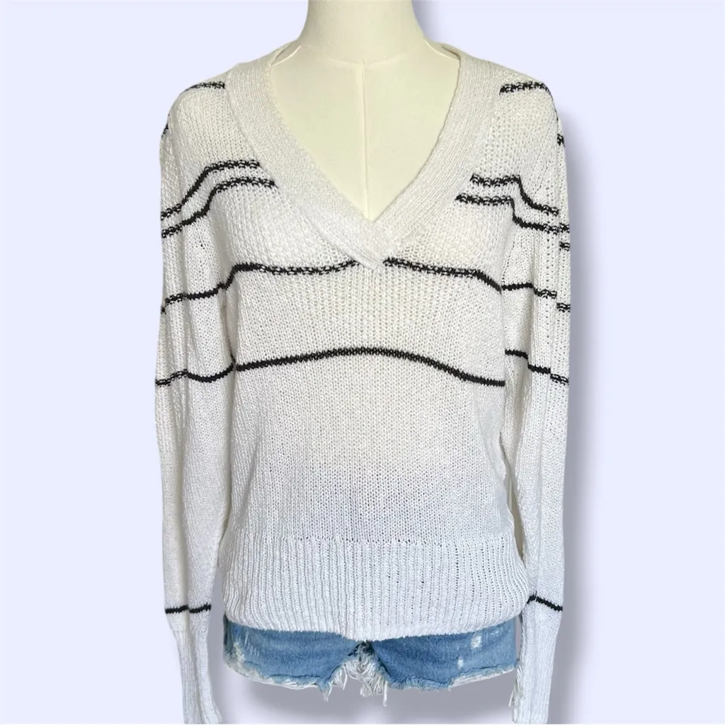 Brochu Walker Sasha Striped Vee Cotton & Wool Blend Sweater - Image 3