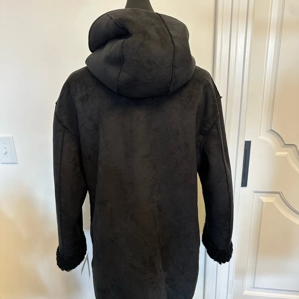 Lucky Brand Faux Shearling Lined Black Faux Suede Barn Coat Hooded Jacket NEW - Image 9