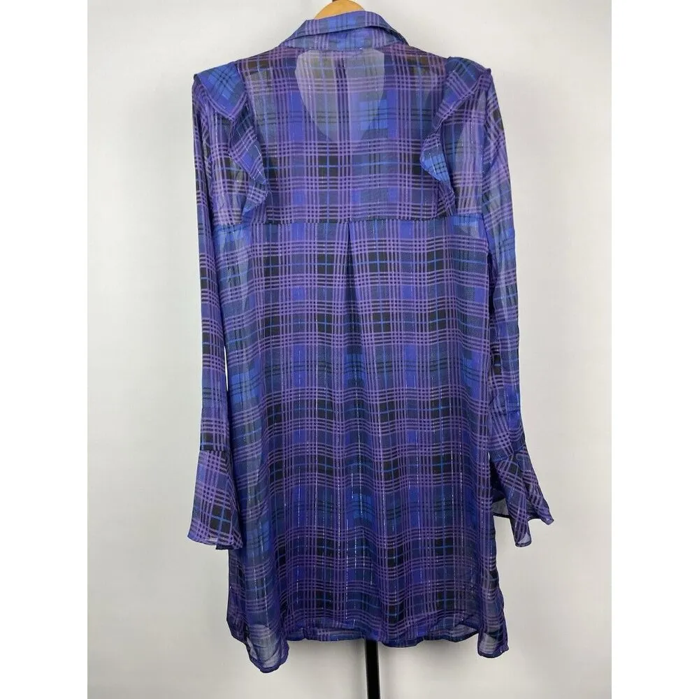 Jack BB Dakota Purple Blue Plaid Sheer‎ Ruffle Button Up Shirt Dress Cover Up M - Image 5