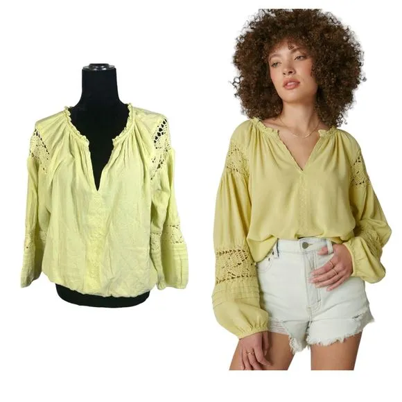 Lucky Brand Crochet Peasant Blouse Citron Green Women's Medium NEW with Tags - Image 2