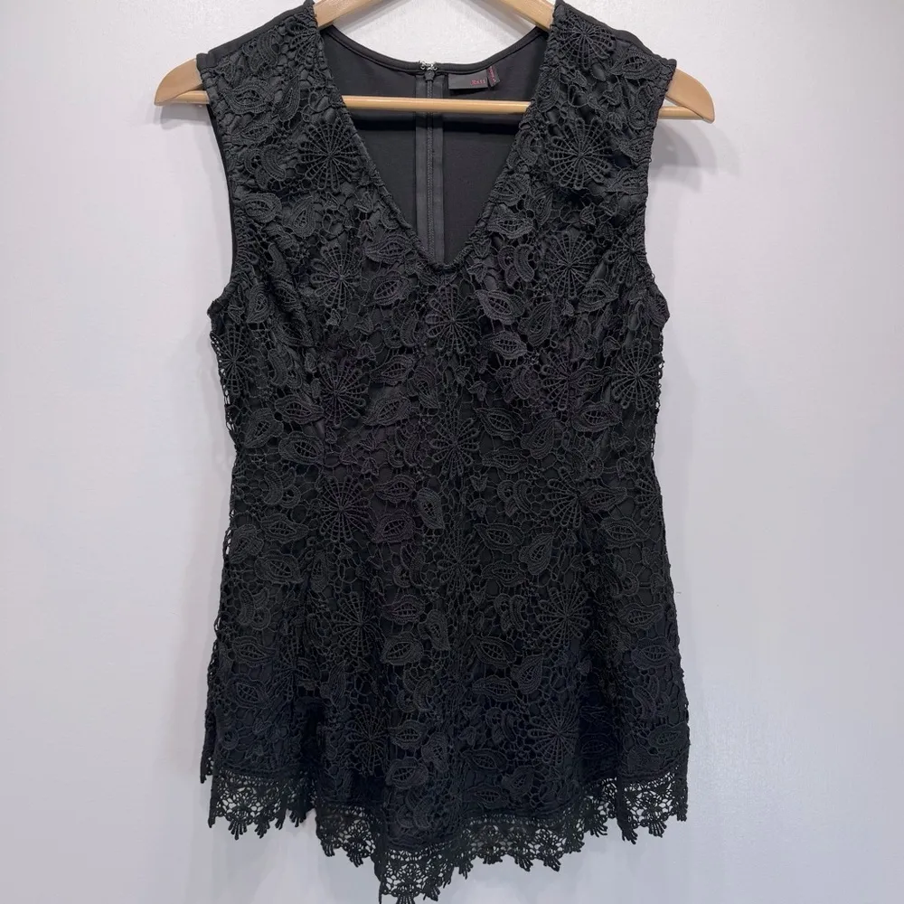 KAii Elegant Black Floral Lace Overlay Sleeveless Peplum Top Whimsigoth Coquette Size L - Image 3