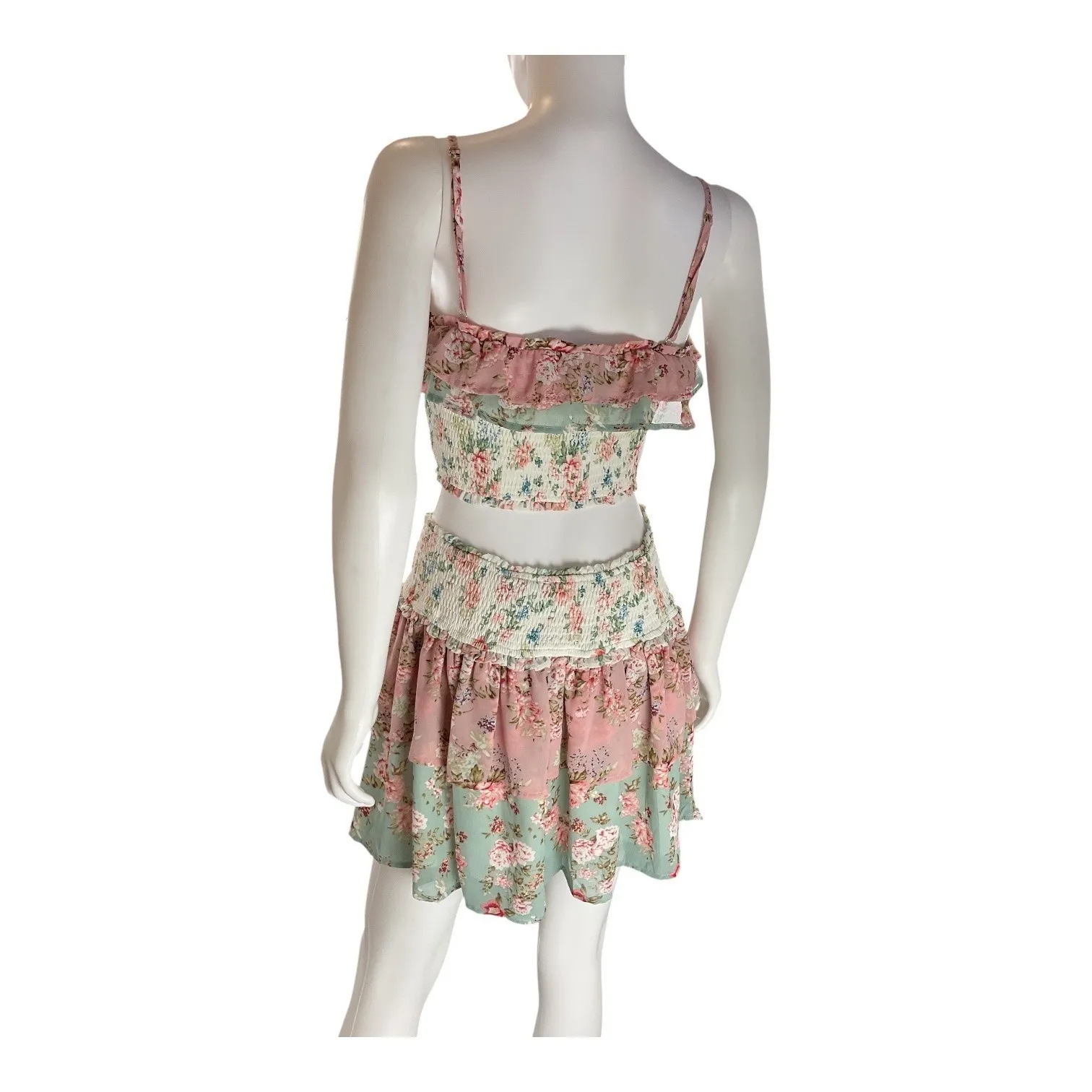 Fab'rik Floral Two Piece Set Smocked Ruffle Crop Top Mini Skirt Pink Green M/ L - Image 3