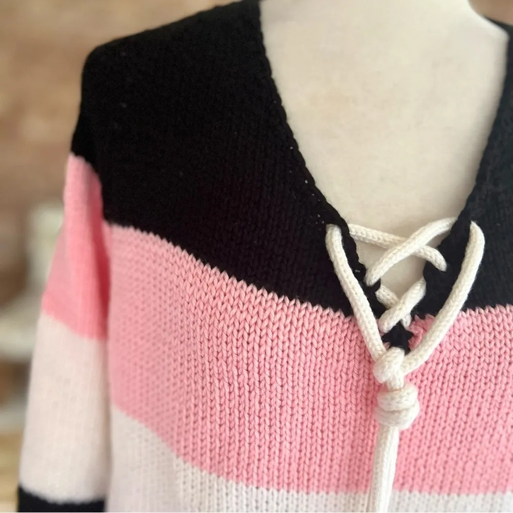 Sweater Striped Pink Black White Tie Front Nautical 8 Casual Preppy Lunch Work - Image 3