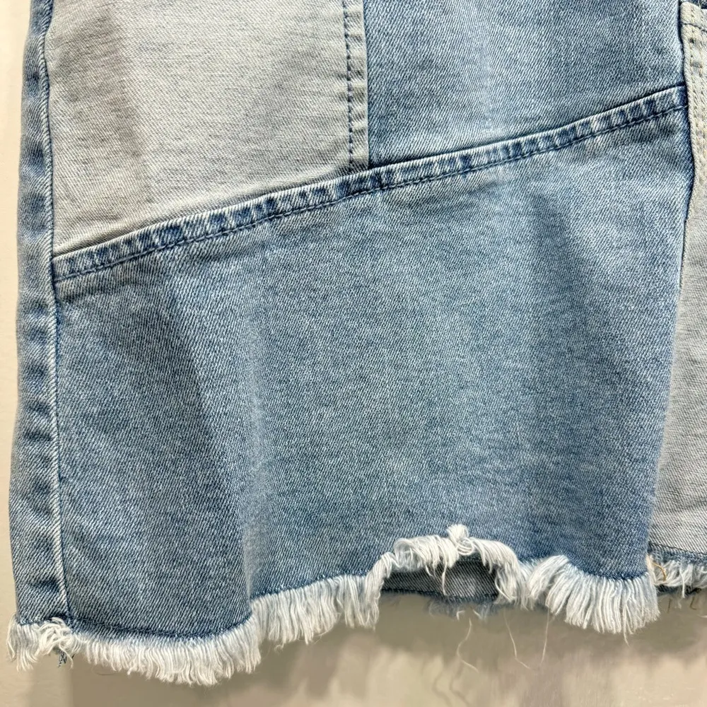 Patchwork Denim Y2K Frayed Fringe Raw Hem Mini Skirt No Boundaries NOBO Jeans - Image 3
