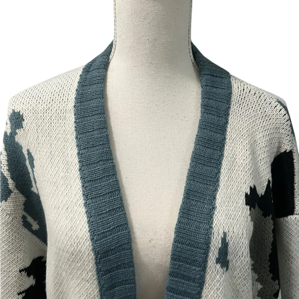 POL Anthropologie Abstract Open Cardigan Duster Sweater Sz L Teal Black - Image 3