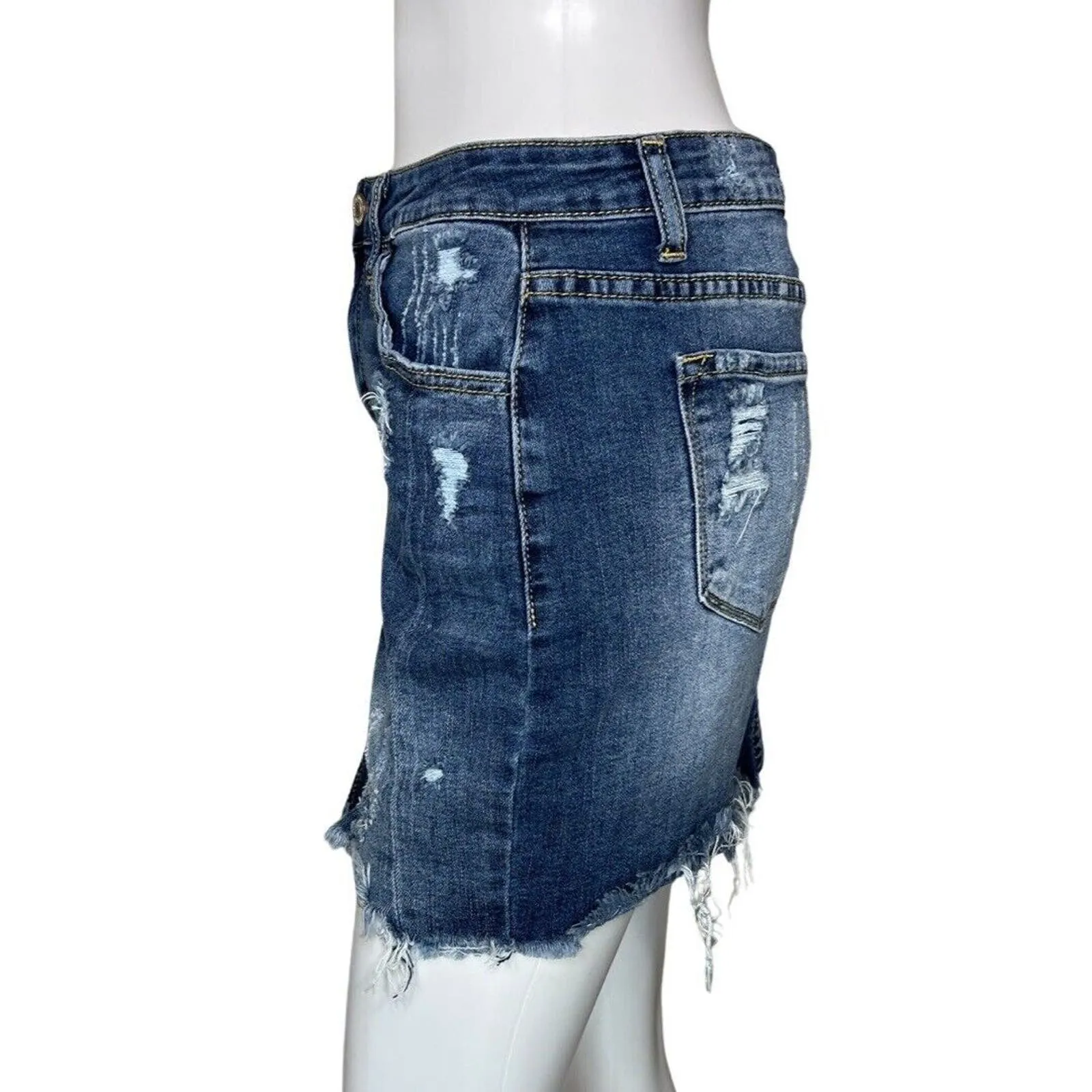 KanCan Skirt Juniors 3 25" Blue Denim Pencil Straight Mini Skirt Distress Casual Size undefined - Image 3