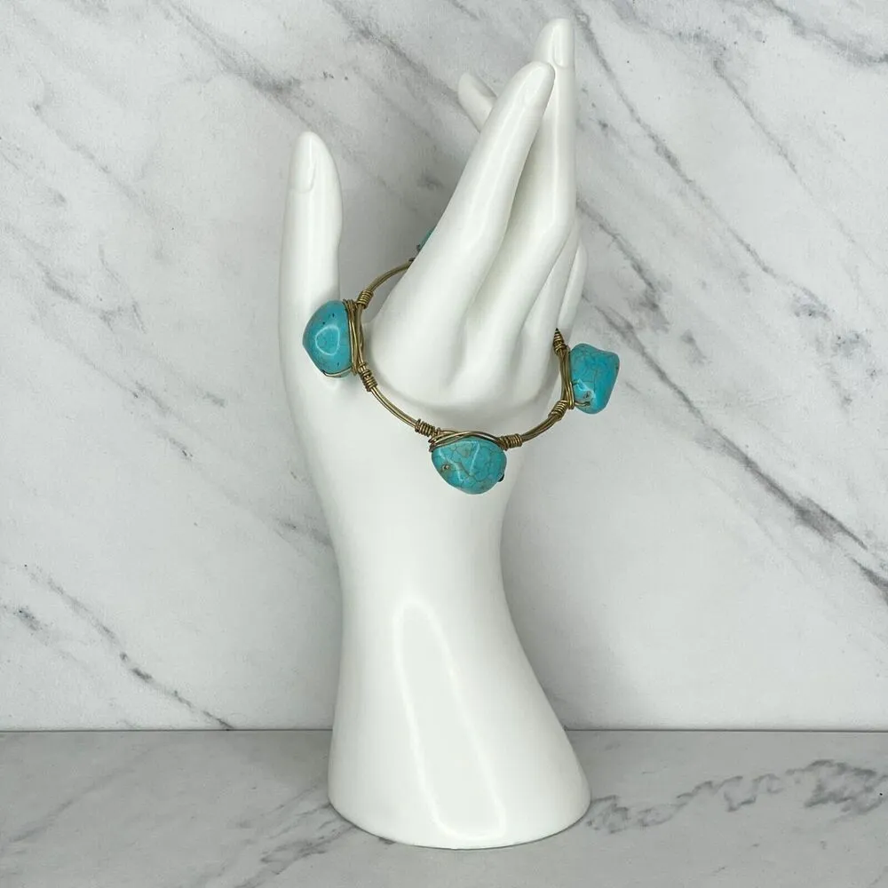 Gold Tone Faux Turquoise Beaded Small Wire Bangle Bracelet - Image 3