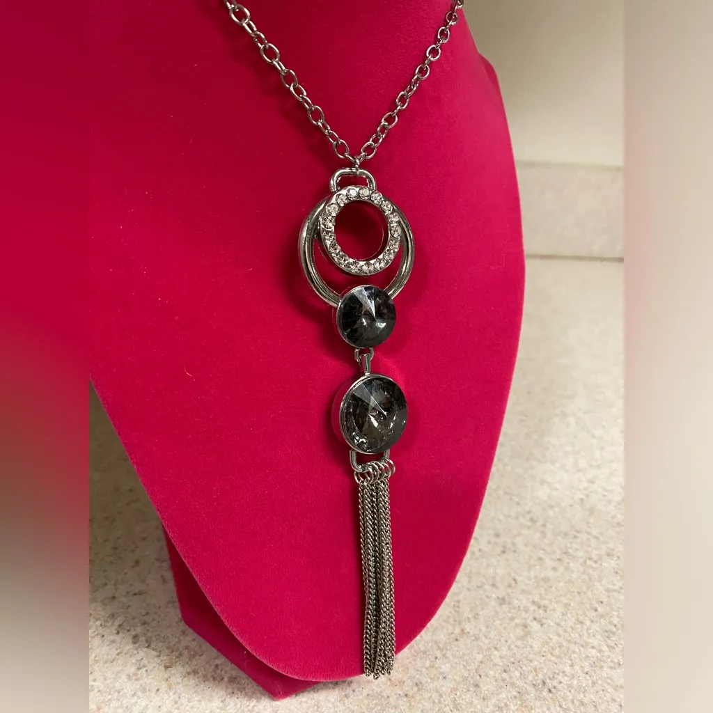 Bling Bold Smoky Crystal Tassel Statement Necklace | Silver Tone Long Pendant - Image 4