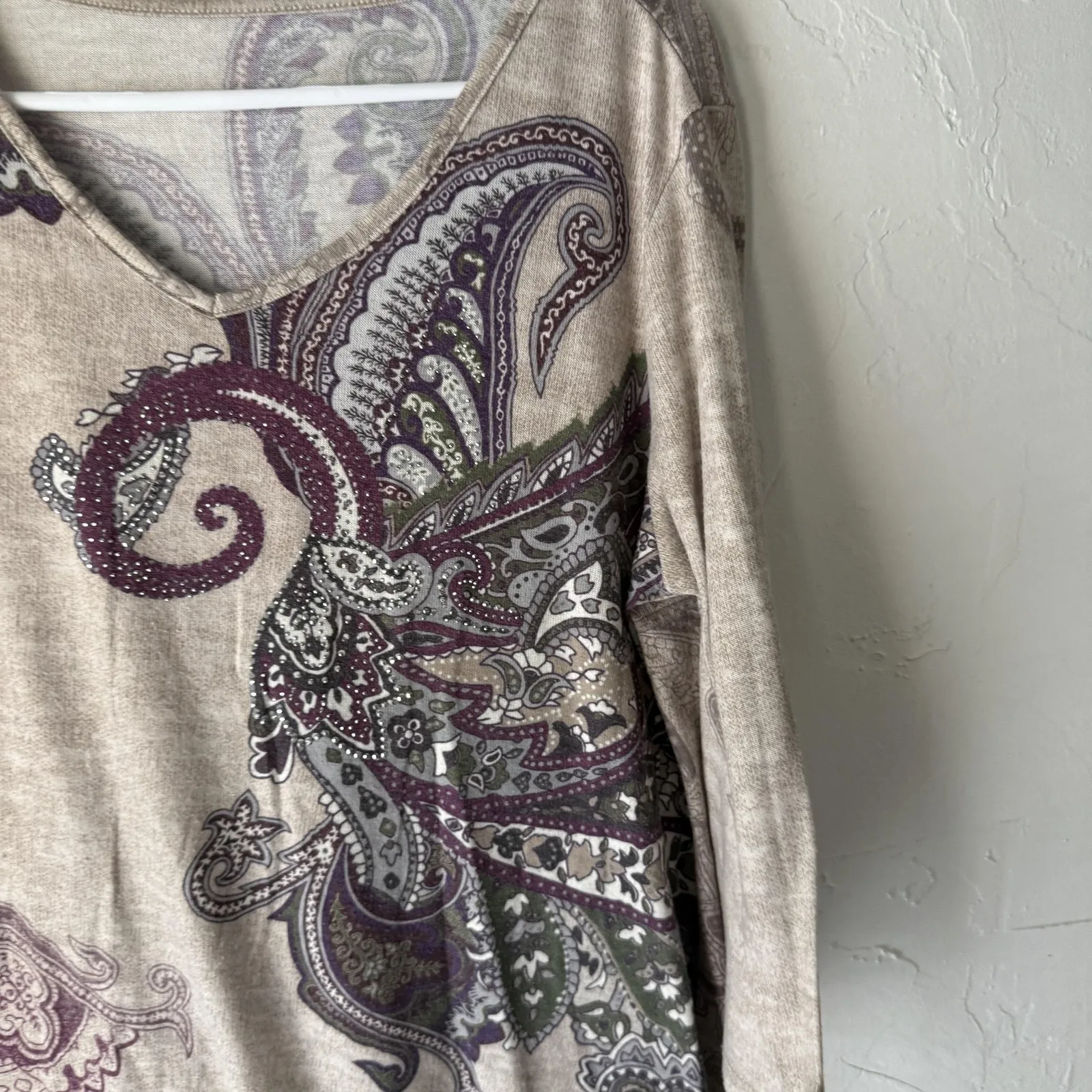 Petite XL Womens Paisley Print Shirt‎ Beige Purple Long Sleeve Witchy Whimsigoth - Image 2