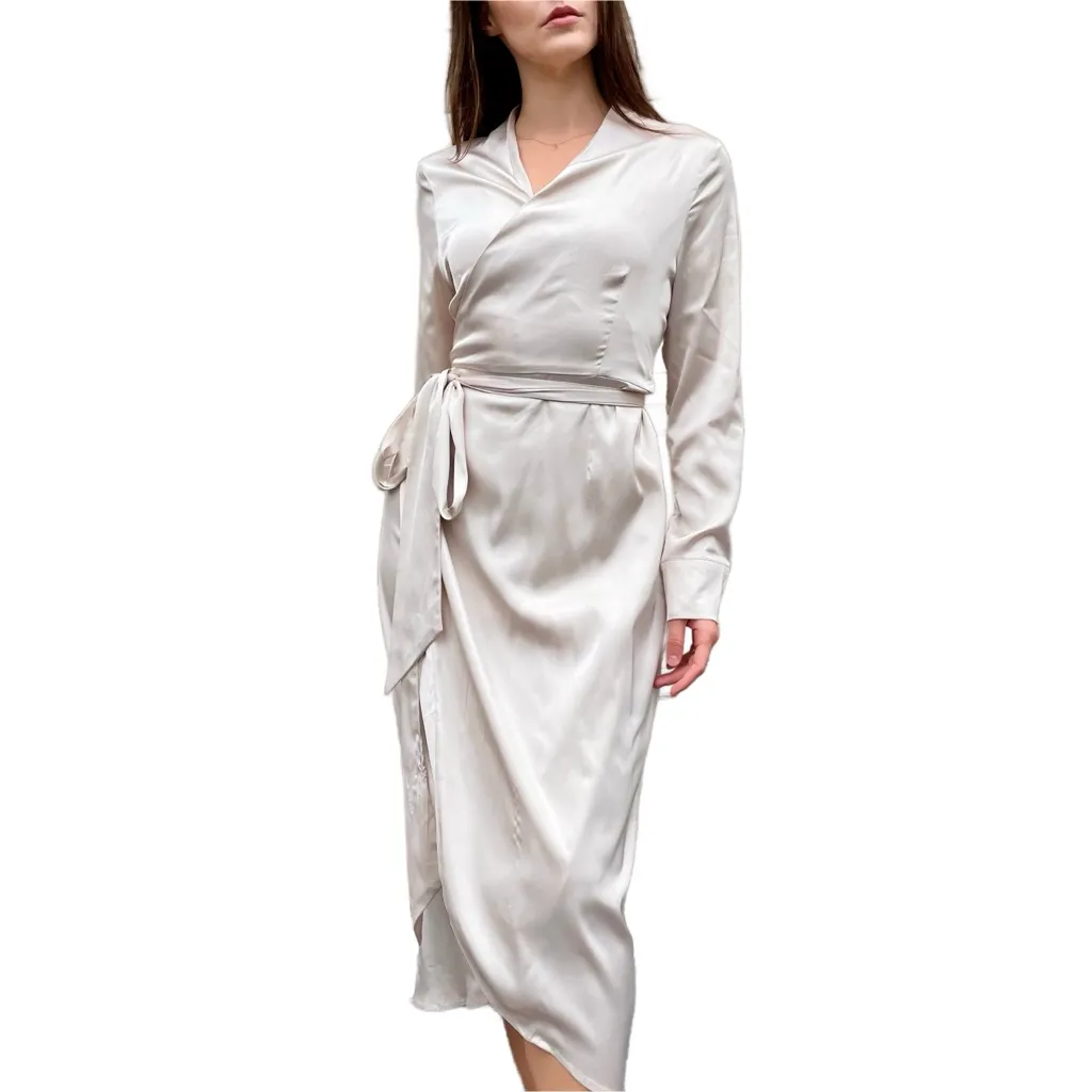 Never Fully Dressed by ASOS Champagne Satin Midi Wrap Shirt Dress Size 8 Gold - Image 5