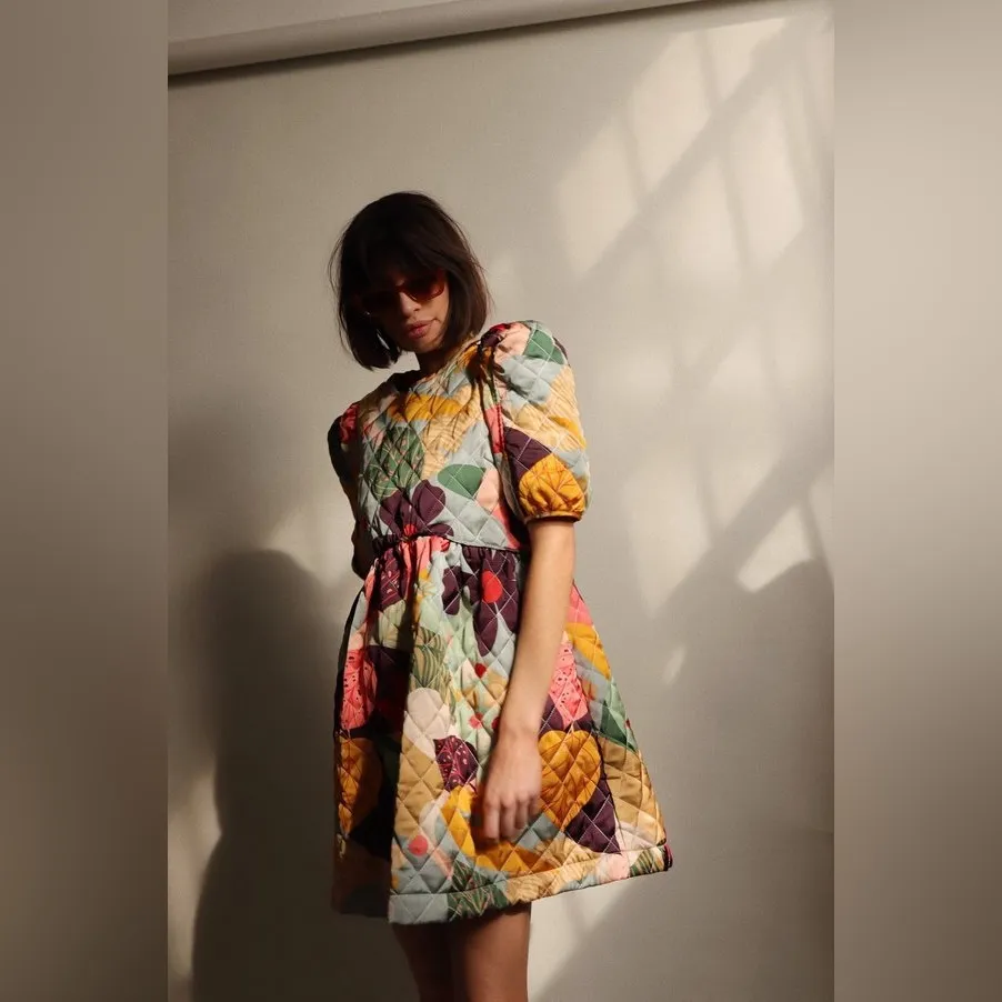 En Saison Floral Quilted Puff Sleeve Baby Doll Mini Dress Size Small NWT Blue - Image 9