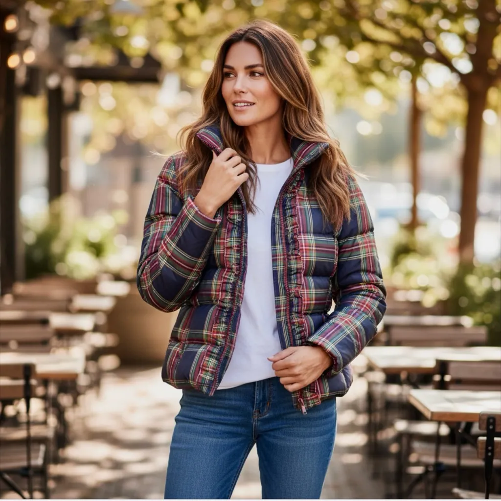 Talbots Plaid Tartan Ruffled Down Winter Coat Red Blue Green XS - Image 4