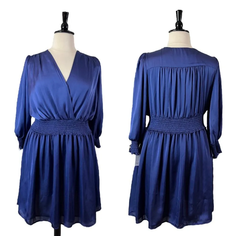Ophelia Roe Dress V-neck Smocked Waist Ling Sleeves Blue New Satin Women’s XL - Image 13
