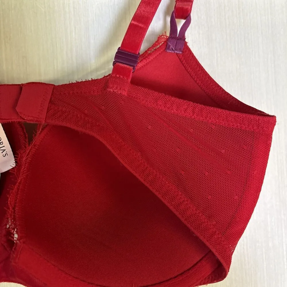 Victoria's Secret Bra Sz  32DD Red T-shirt Push Up Lace Velvet Convertible Strap - Image 7