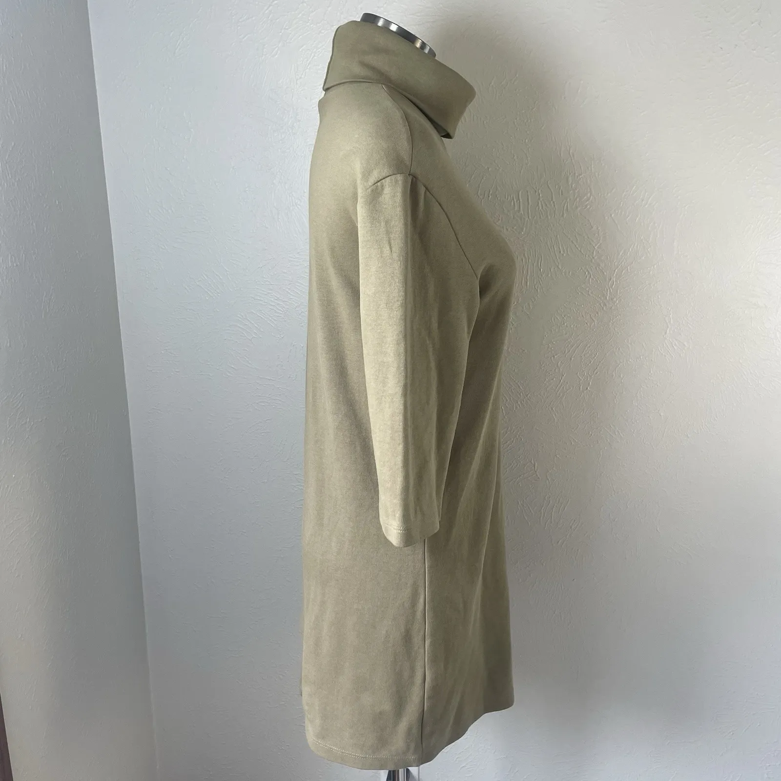 ZARA Olive Green Knit Turtleneck Mini Dress S Mock Neck 3/4 Sleeve Fall Layering - Image 3