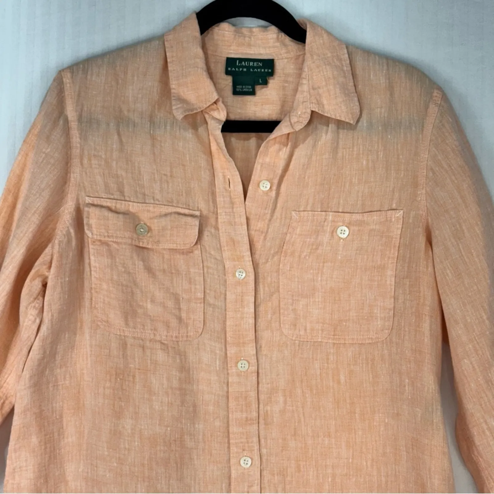 Ralph Lauren Orange %100 Linen Button-Up Shirt 3/4 Sleeve Size Large Relaxed Fit - Image 3