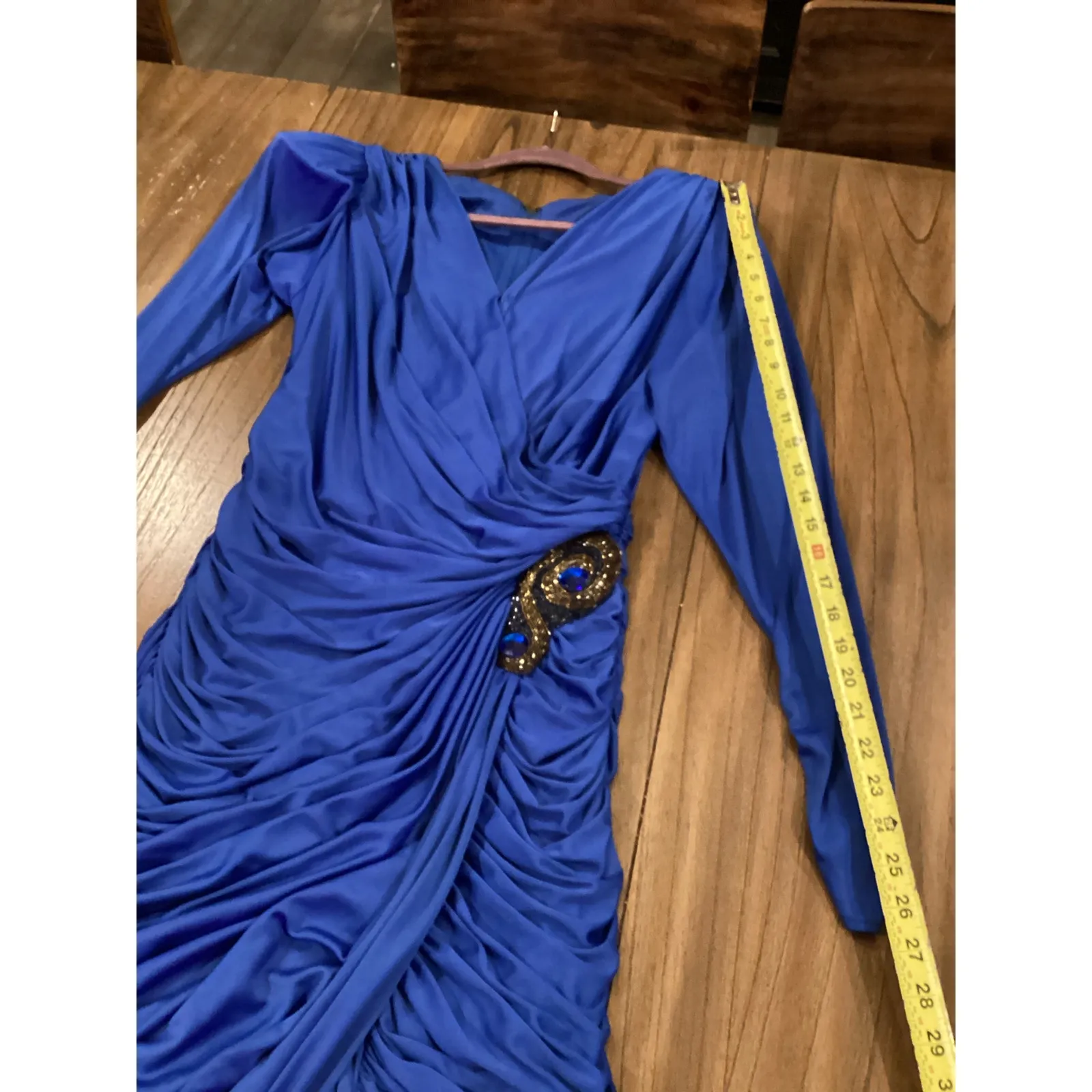 Vintage Tadashi draped long sleeve ruched midi dress with brooch 12 royal blue - Image 10