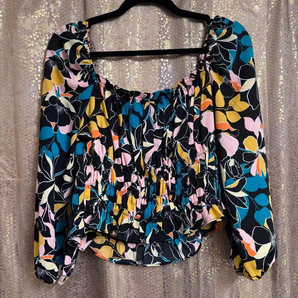 Bar III Black Colorful Floral Miami Bloom Shirred Blouse Small - Image 2