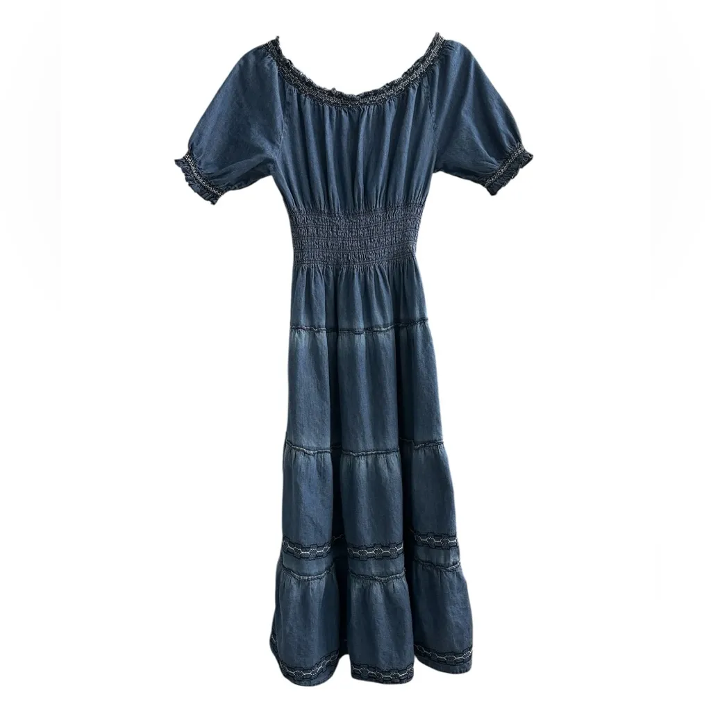 LAPIS Western Cowgirl Chambray Denim Dress Milkmaid Cottagecore Size Medium Blue - Image 7