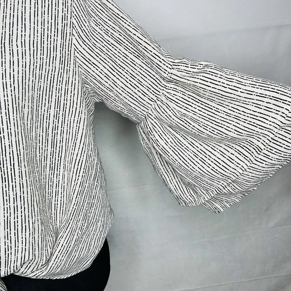 Fab'rik Size M Blouse Top Front Tie Knot V-Neck Cream Black Bell Sleeve - Image 5