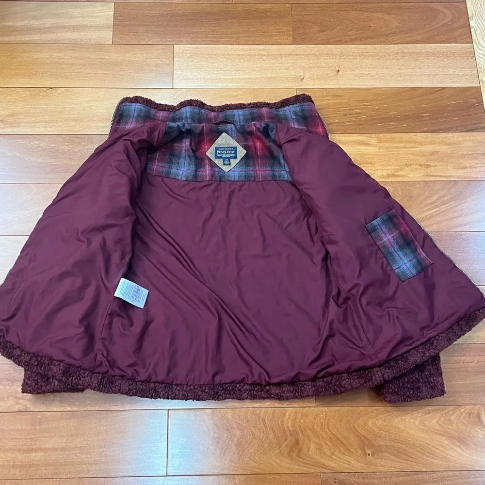 Pendleton Zip Up Burgundy Boucle teddy Fleece Jacket With Plaid Pocket Size L - Image 6
