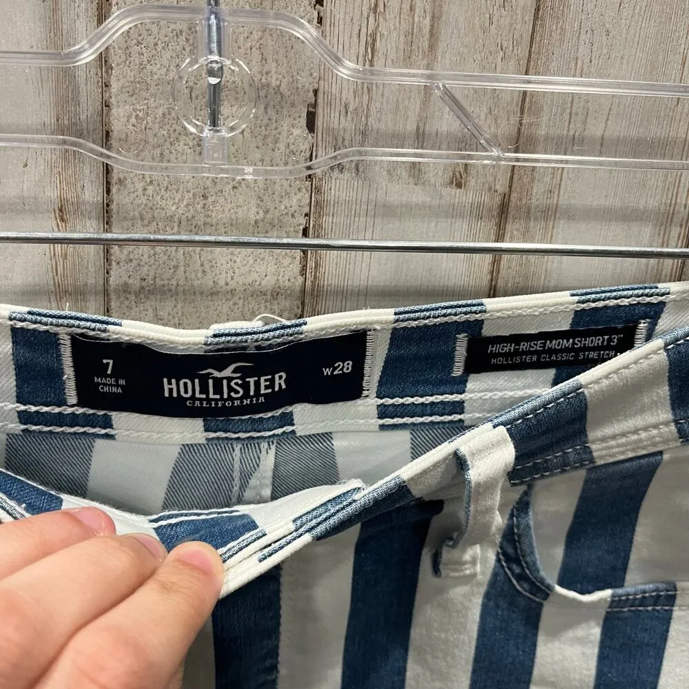 Hollister Blue Stripe Denim Cuffed High Rise 3” Mom Shorts Womens Size 7/28 - Image 2