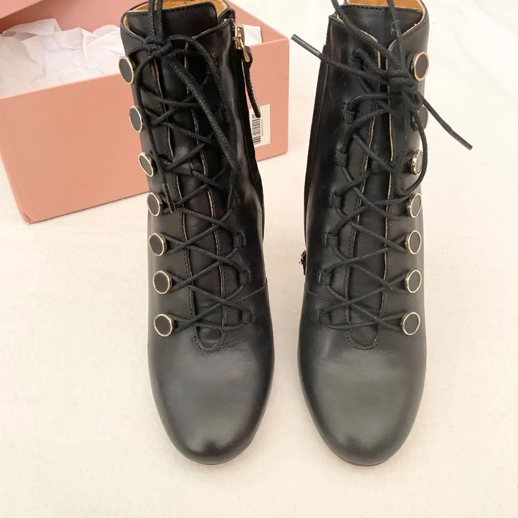 NWB Sezane High Pauline Lace-up Ankle Boots navy blue golden buttons 35 us4 - Image 4