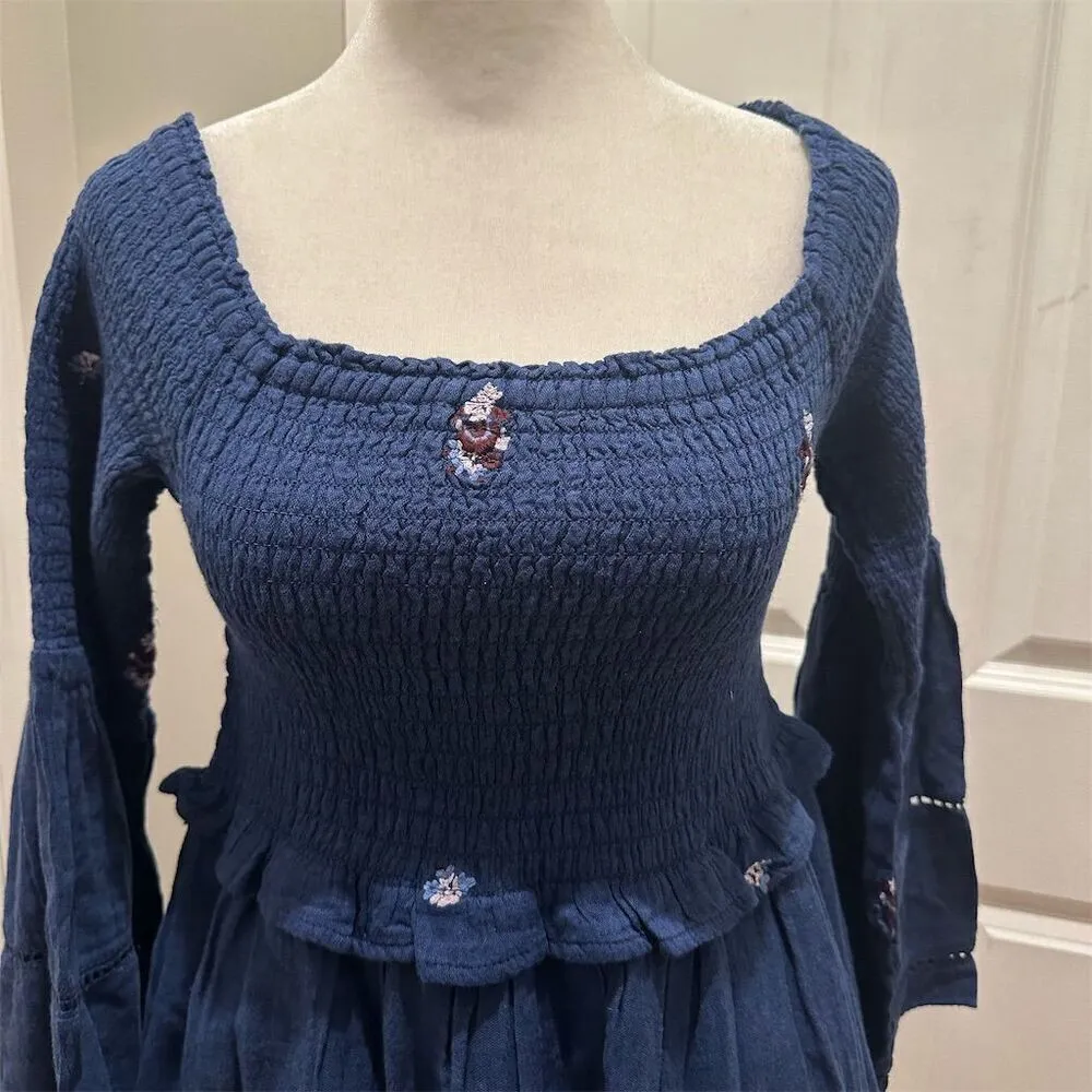 Free People Counting Daisies Blue Embroidered Mini Dress Bell Sleeve SM NWT - Image 2