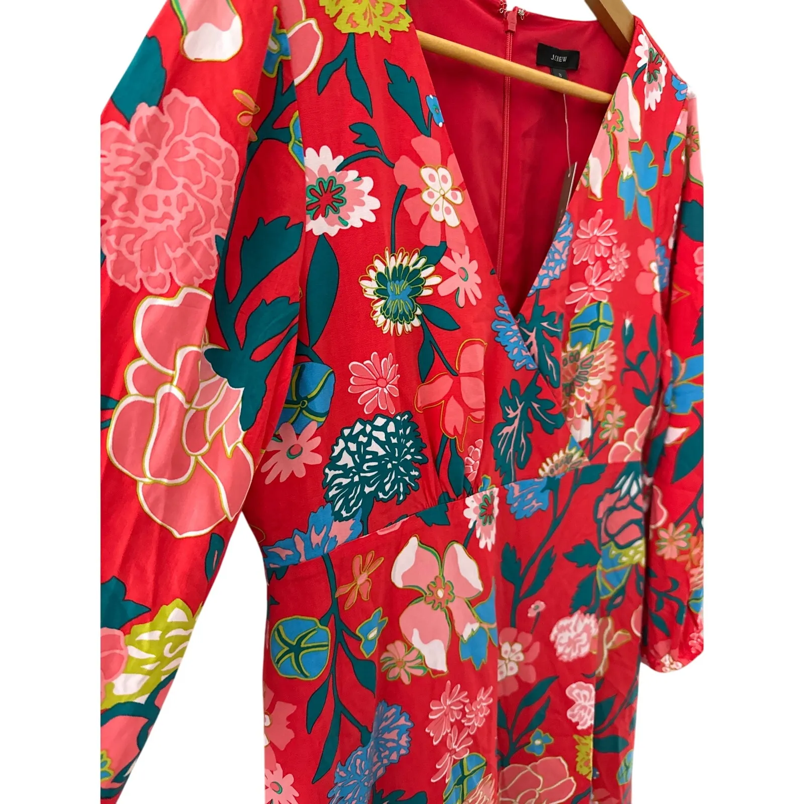 J. Crew Retro-Vibe Floral V-Neck Long Sleeve Red & Blue Mini Dress‎ Size 8 - Image 10