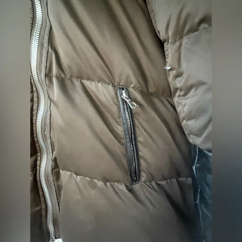 Sandro Marcie Down Puffer Jacket, Lamb Fur Hood, Leather Sleeves; size 3 / L - Image 3