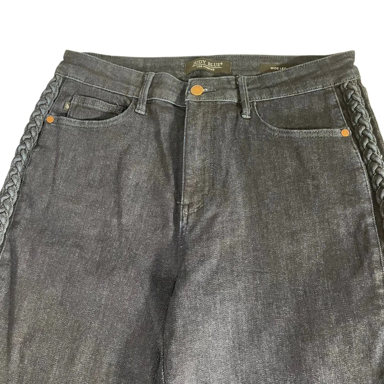 Judy Blue Wide Leg Jeans Women's 13/31 Dark Wash Braided Side‎ Trim - Image 2