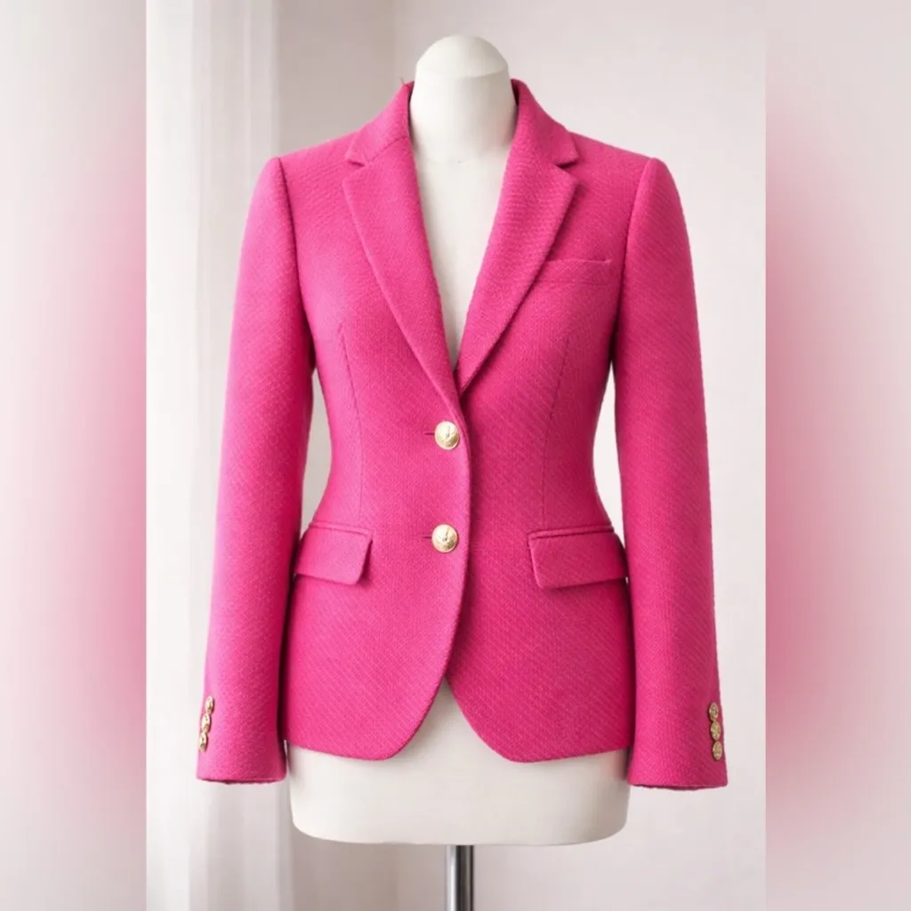 J.Crew Hot Pink Schoolboy Preppy Tweed Blazer Gold Crest Buttons Sz 6 NEW $218 - Image 2