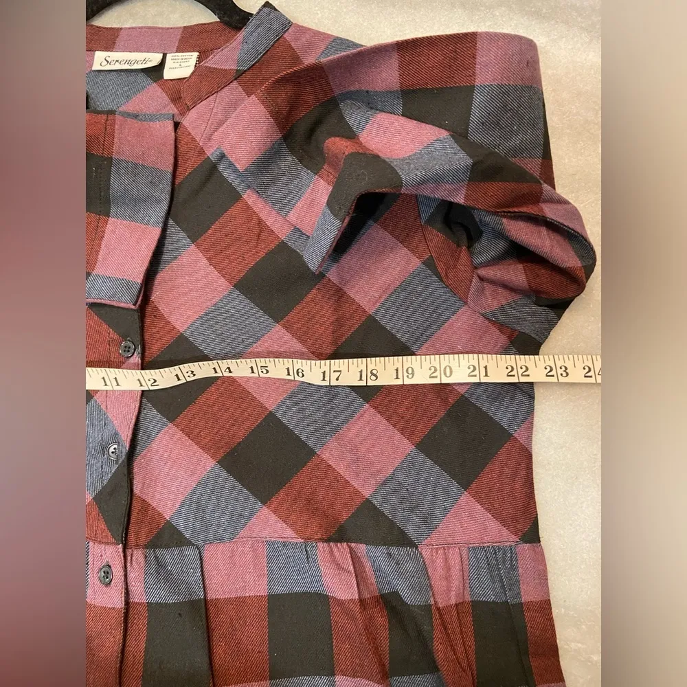 NWOT Serengeti Size L Long Sleeve Black Burgundy Check Flannel Button Mini Dress Size L - Image 11