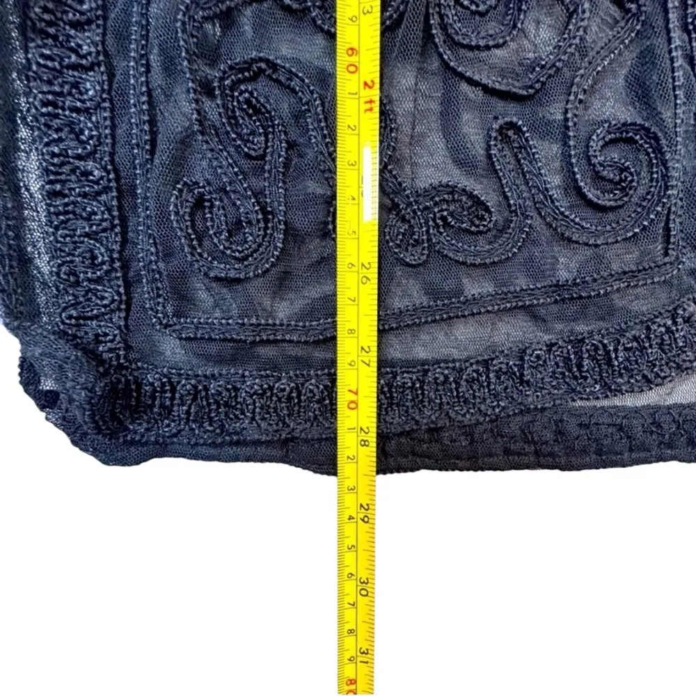 Black Vintage Ribbon Embroidered Duster Sheer Boho Festival Button Front Kimono Size XL - Image 9