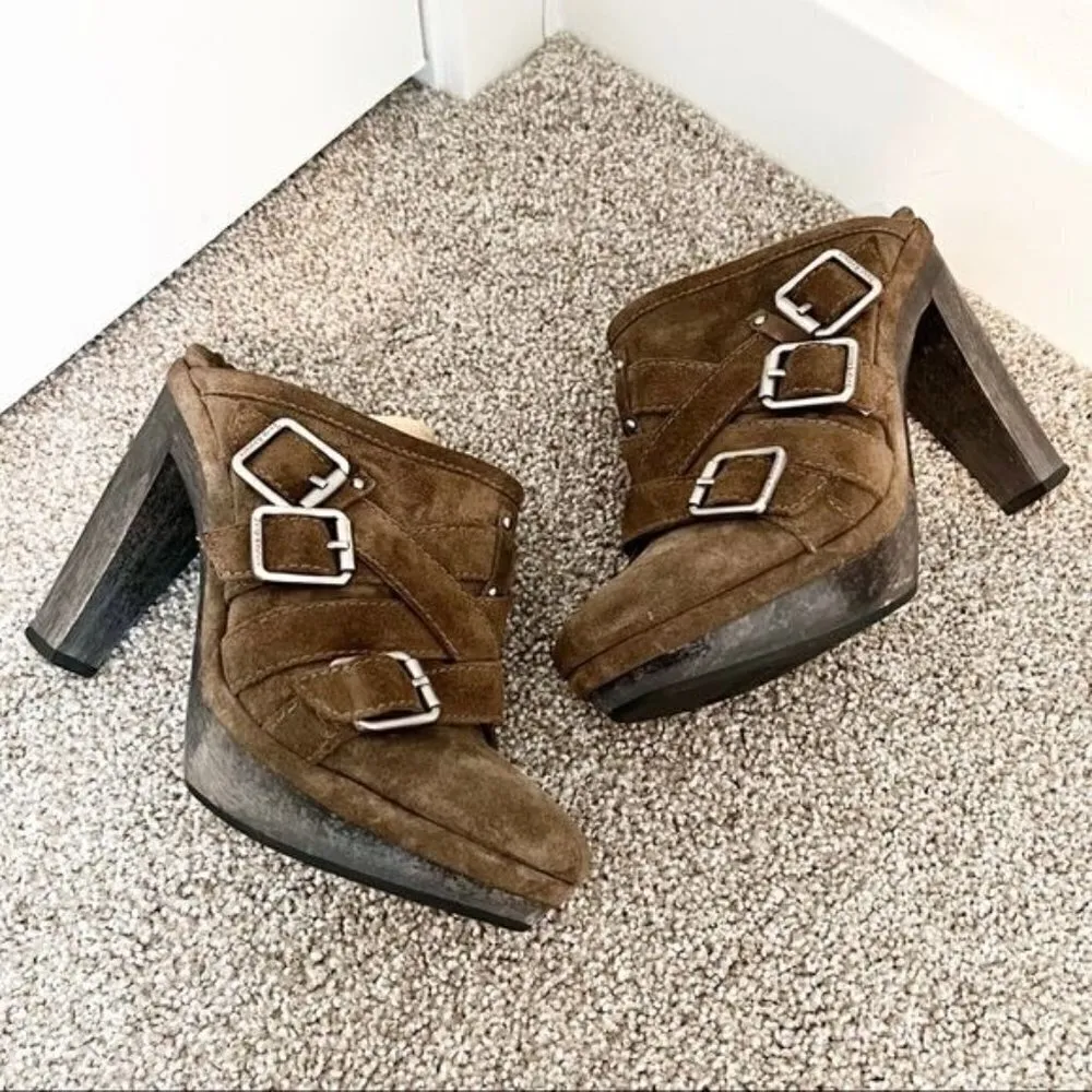 Y2K Juicy Couture Collette Suede Leather‎ Platform Buckle Detail Mules Brown 8 - Image 7