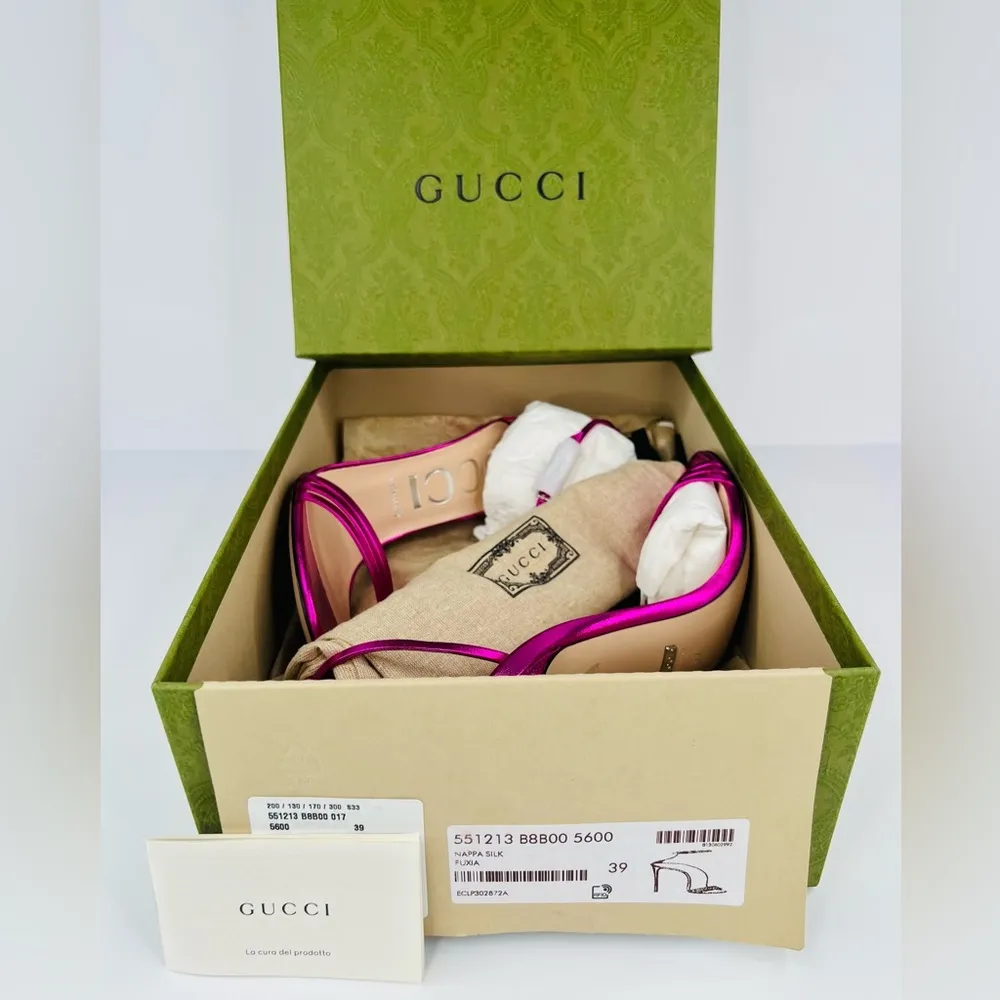 Gucci Pink Metallic Leather Ankle Strap GG Crystal Logo Heel Sandals Sze EU 39 - Image 2