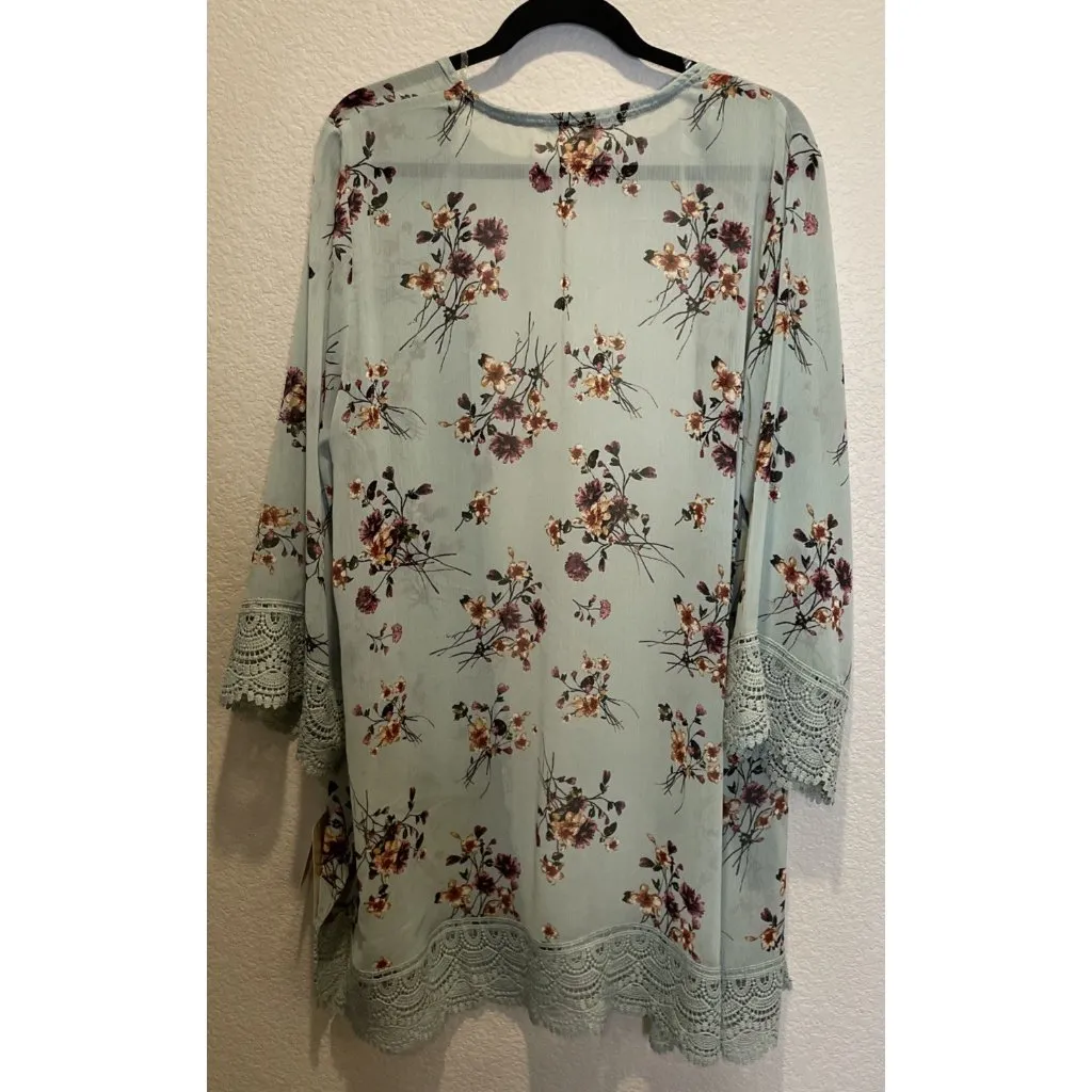 Rewind XXL Sheer Sage Green Floral Kimono Cardigan Crochet Trim‎ Boho Beach NEW - Image 2