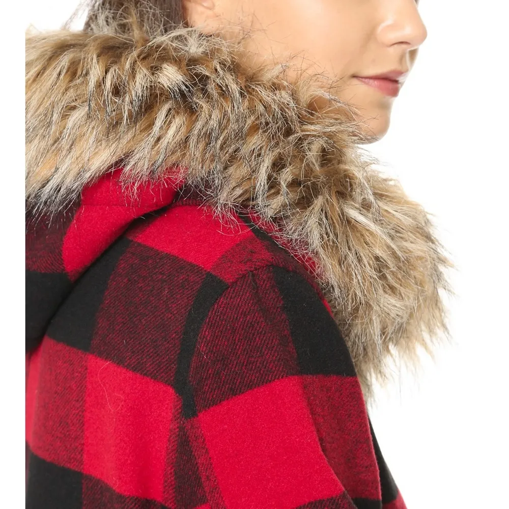 BB Dakota Jaslene buffalo plaid check fur hood long coat - Image 11