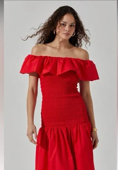ASTR The Label Off the Shoulder Cotton Red Ruffle Midi Dress Size Small - Image 2