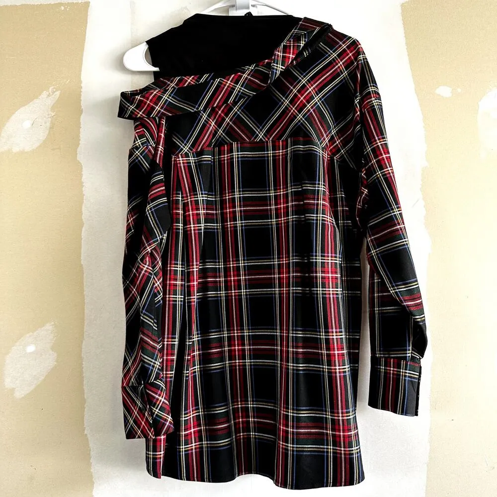 Maje Layered Plaid Twill And Stretch-cotton Jersey Top In Checked Red Black 1 S - Image 5