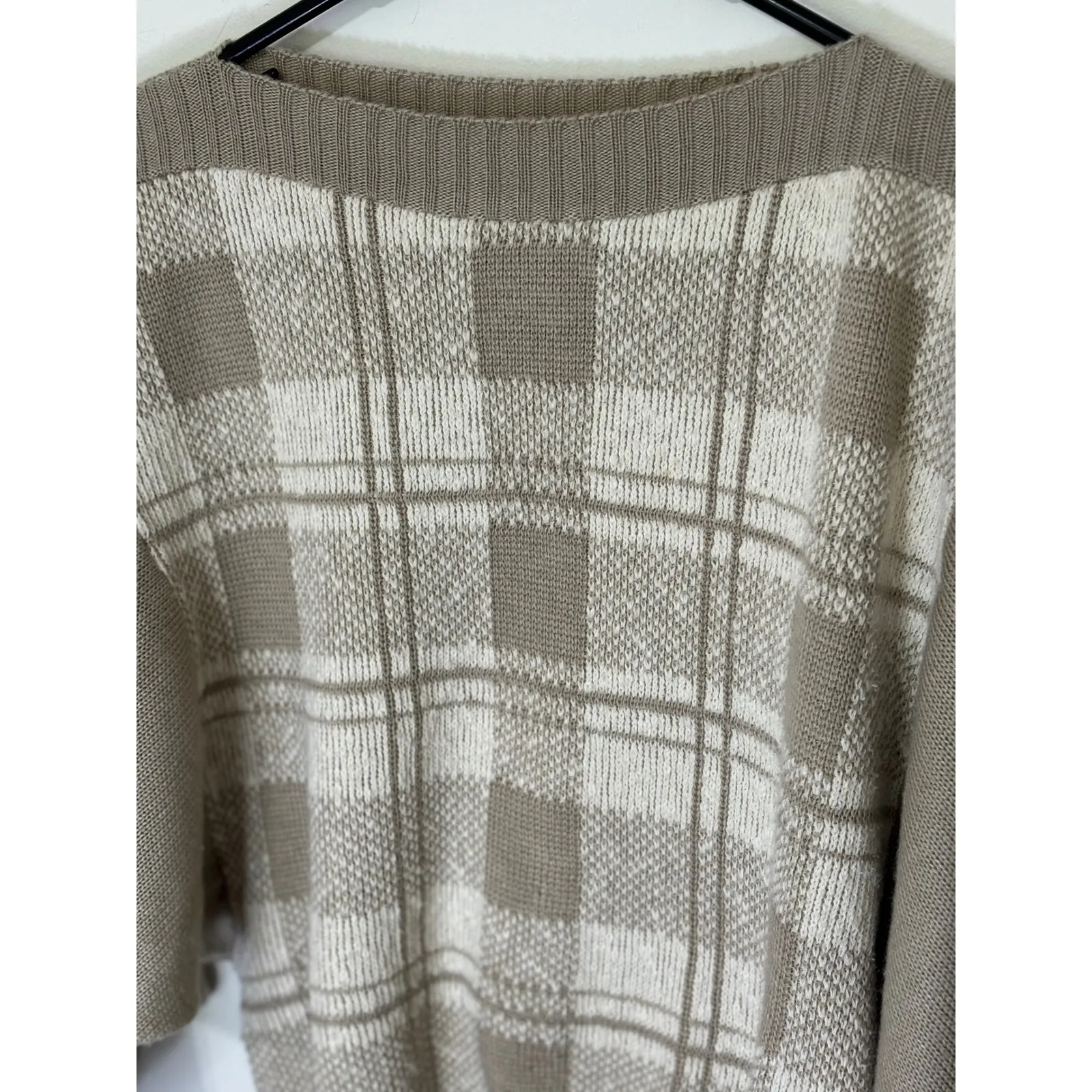 Vintage Ami Plaid‎ Sweater Size 14/15 Cream Beige Batwing Sleeve Knit Top Tan - Image 3