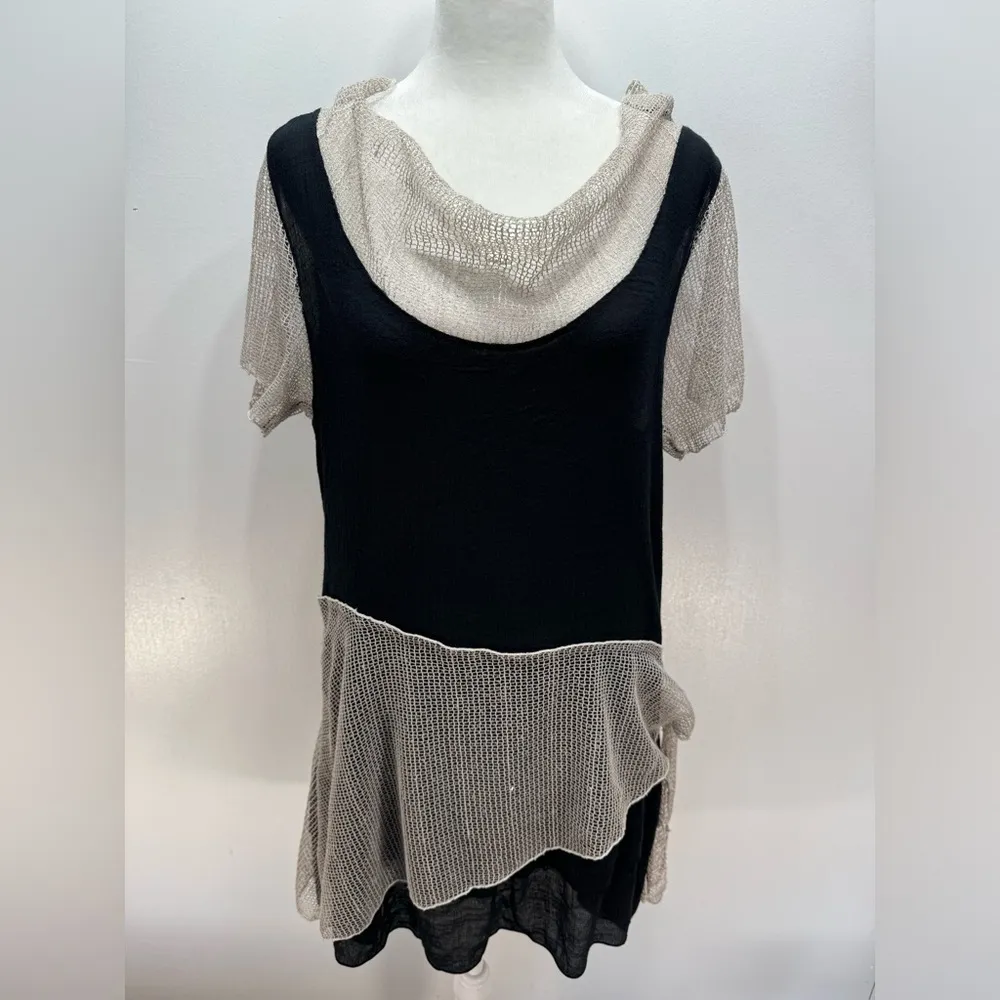 Black Crepe Tunic w Ruffles & Sequined Beige Mesh Accents by Firmiana Lily XL - Image 6