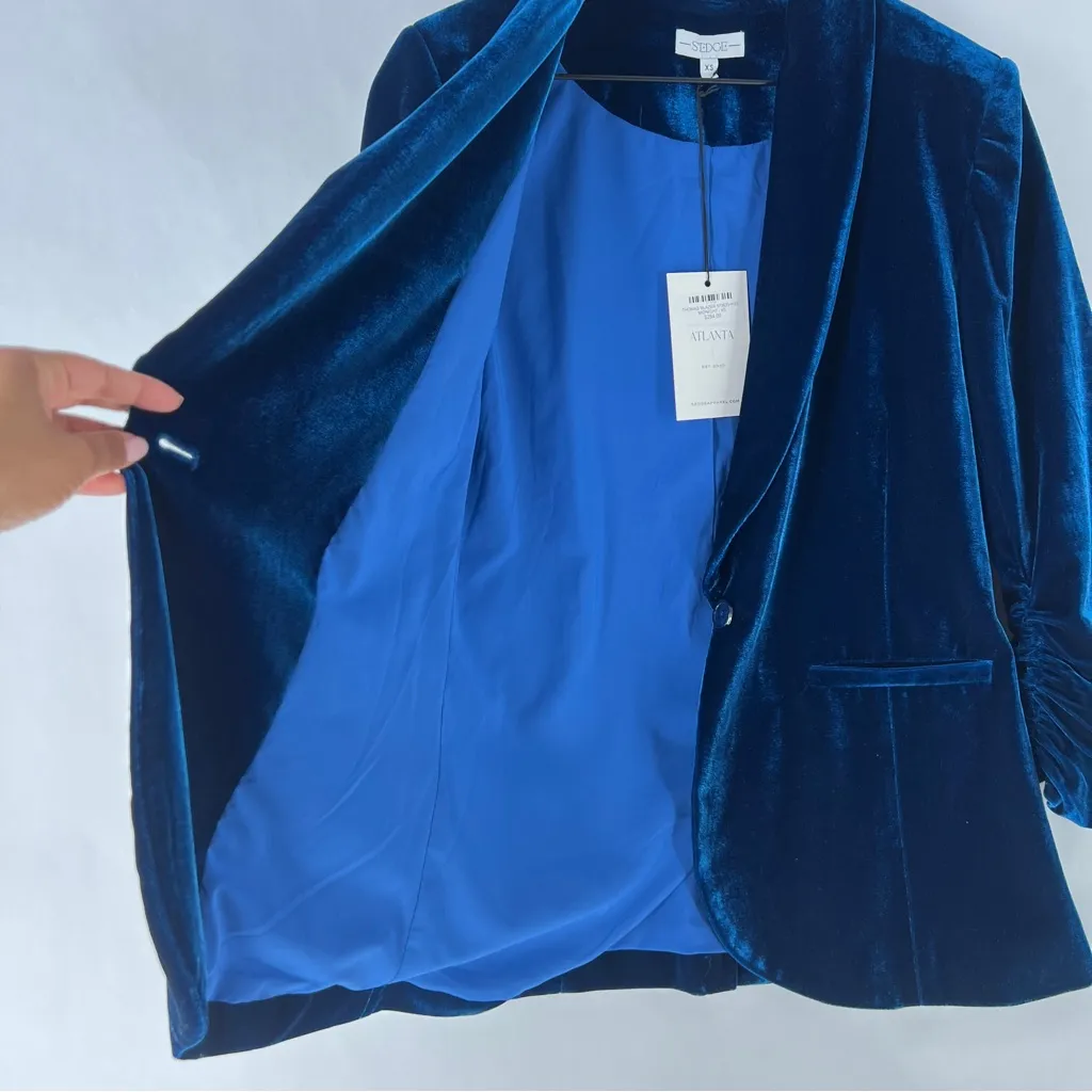 SEDGE Midnight Blue Velvet Womens Blazer Ruched 3/4 Sleeve‎ 1 Button Size XS - Image 9