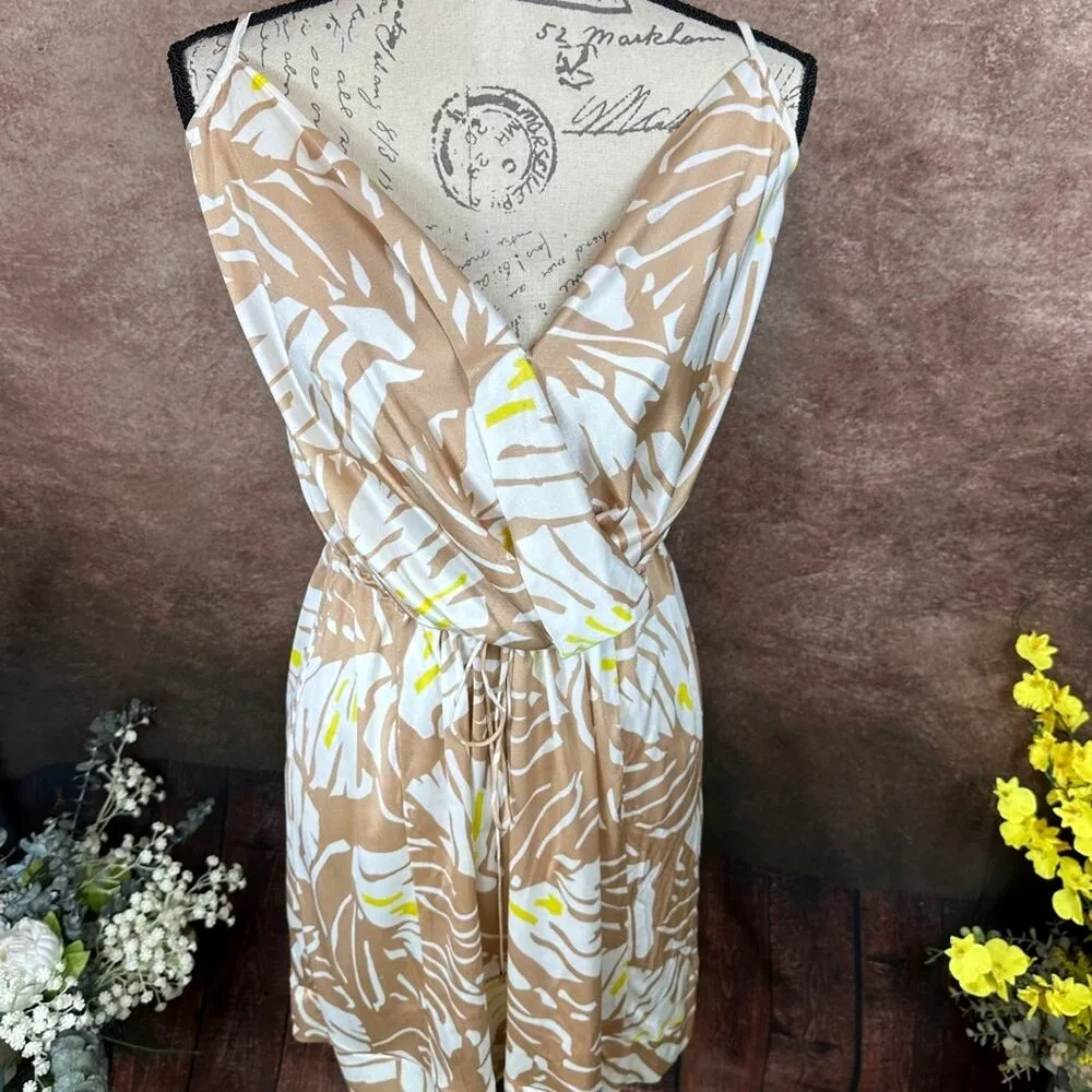 Socapri Palm Leaf 100% Silk Dress Tan/White/Yellow 10 Tan - Image 2
