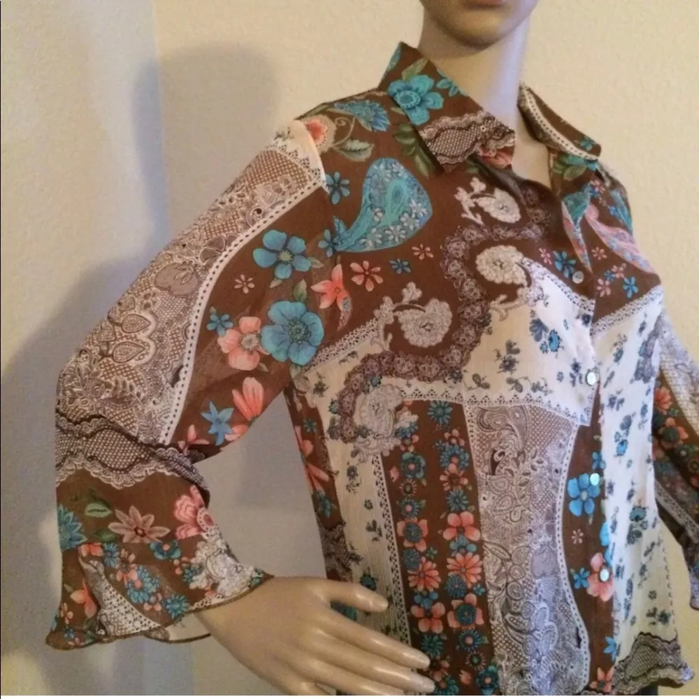 LE GRANGE Womens Semi Sheer Buttoned Down Shirt Size Medium multi color - Image 7