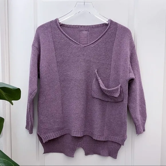 Purple V Neck Sweater High Low Pocket Size XS - Image 7